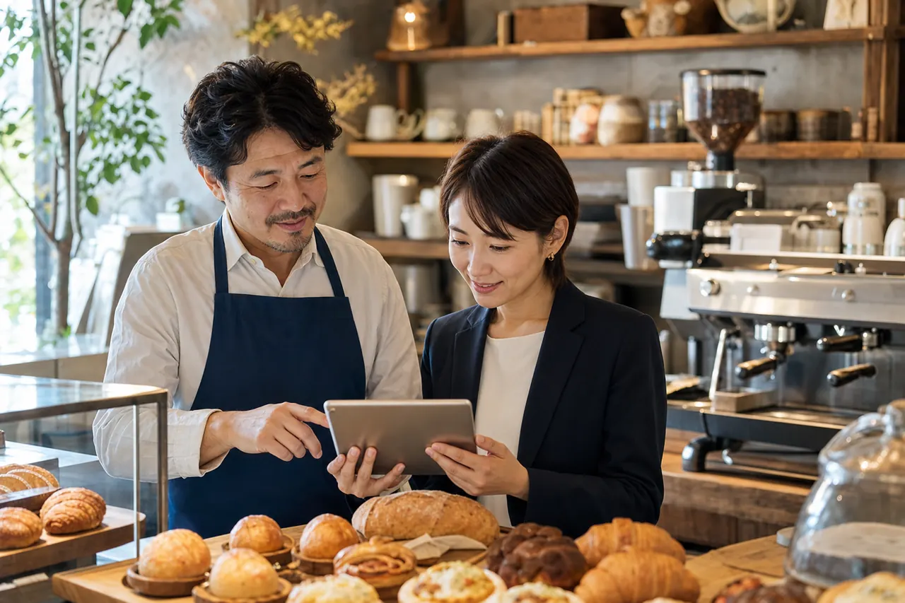 カフェやベーカリーの承継についてタブレットを見ながら相談する様子
