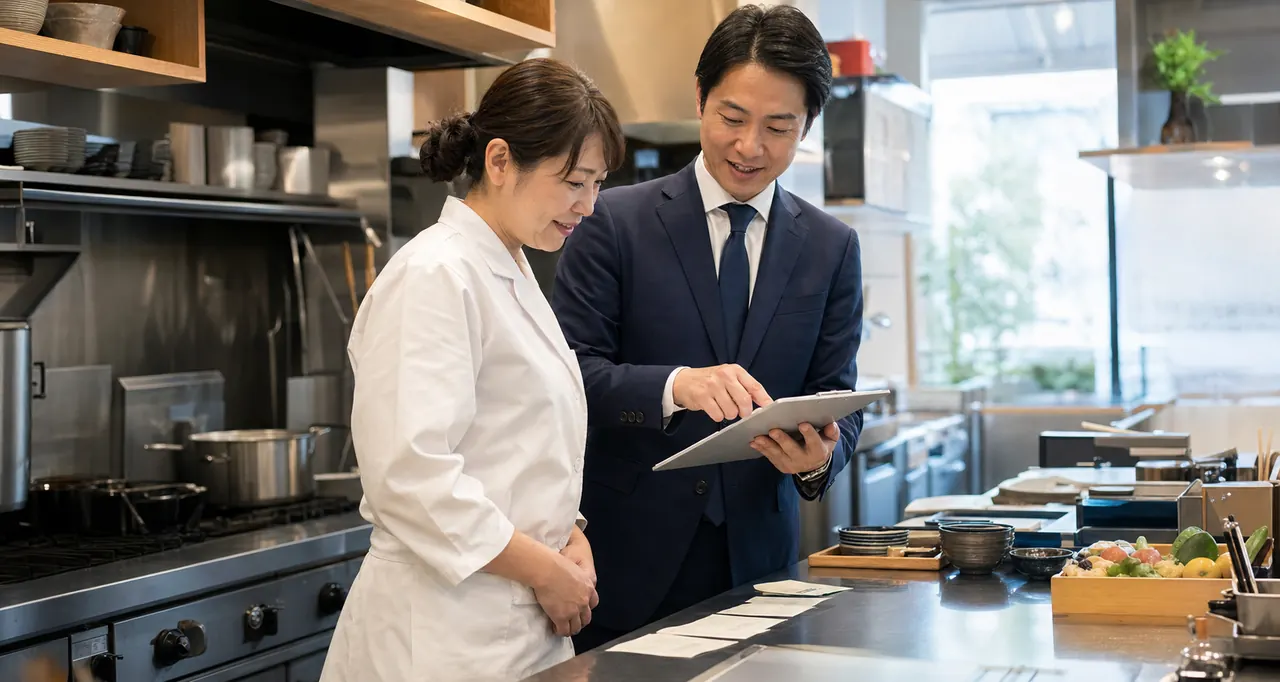 飲食店M&Aに向けて厨房設備や営業オペレーションを確認する様子