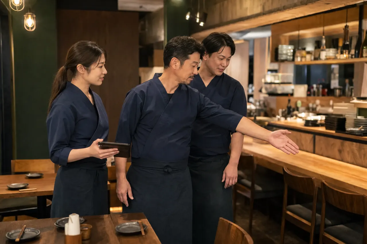 レストランや居酒屋の営業引き継ぎを店内で確認するオーナーとスタッフ