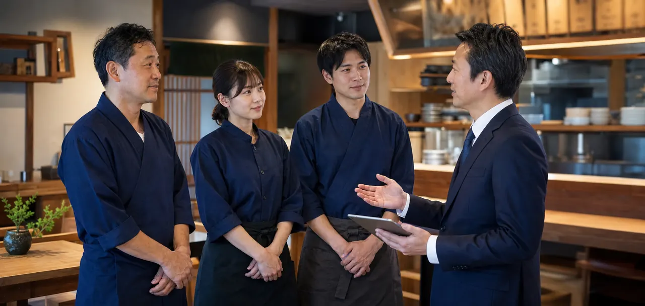 飲食店のスタッフ承継と引き継ぎについて店舗内で打ち合わせる様子