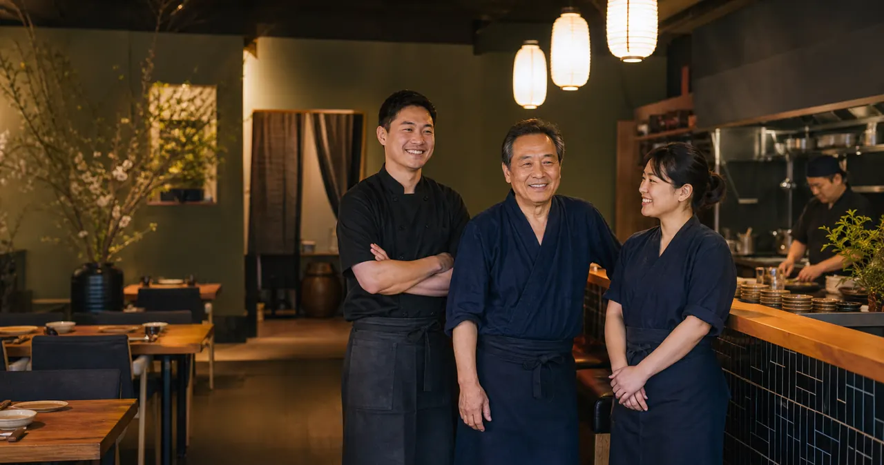 店舗内で笑顔を交わす飲食店のオーナーとスタッフのイメージ